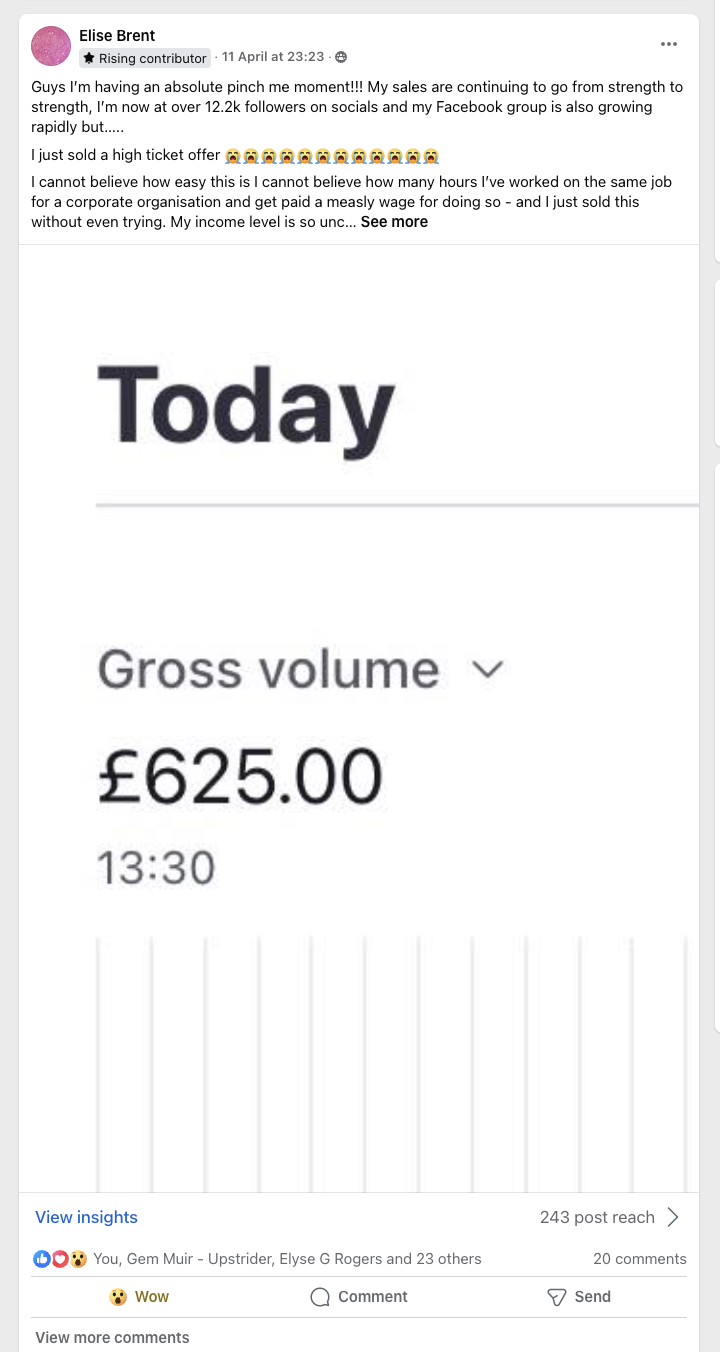 Facebook post by Elise Brent celebrating a £625 sale from her high ticket offer and expressing disbelief at how easy and impactful the process has been.