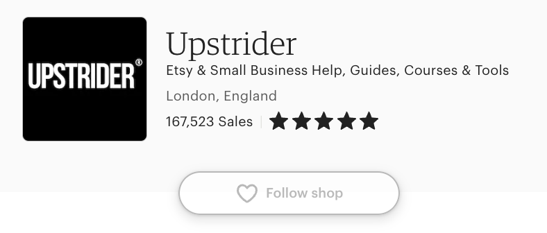 Upstrider Etsy store profile showing over 167,000 sales and 5-star rating for business guides, courses, and tools.