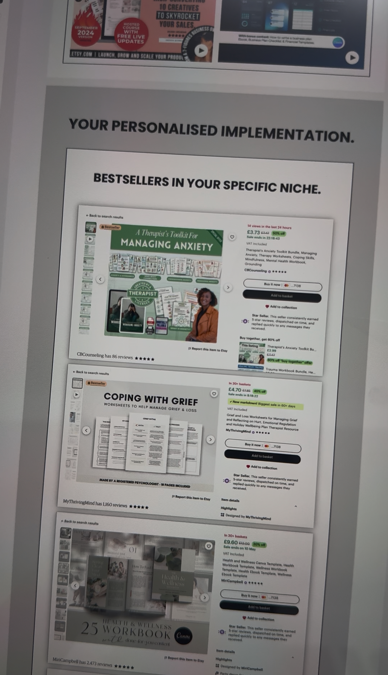 Screenshot of Etsy bestseller listings in the wellness niche, including anxiety management toolkits, grief worksheets, and wellness workbooks with star ratings and reviews.