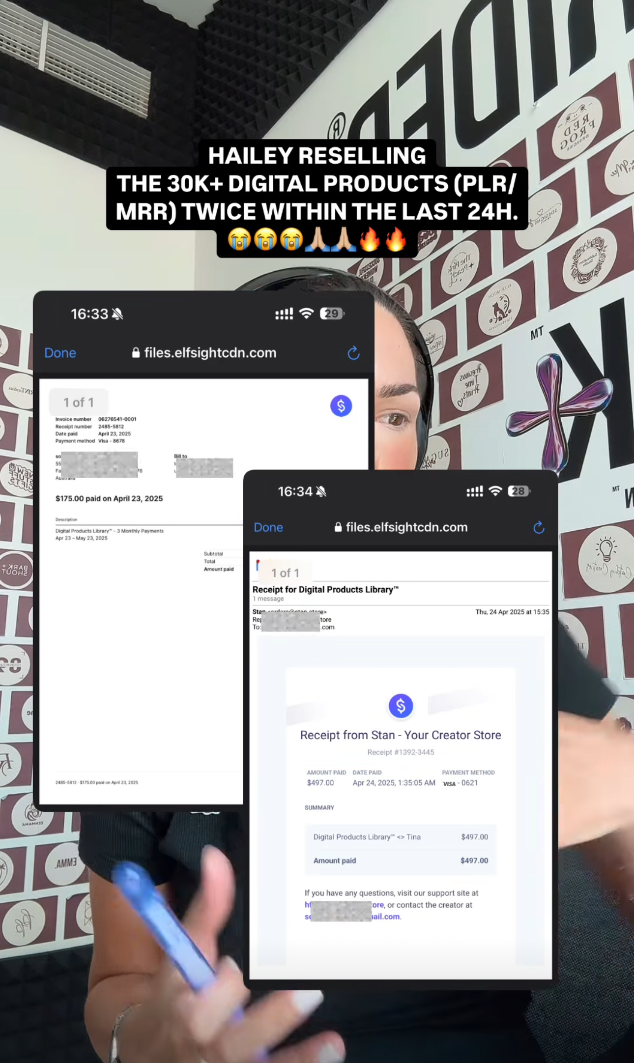Hailey resold the 30K+ Digital Products Library twice in 24 hours. Screenshot includes receipts from two buyers showing successful PLR/MRR transactions.