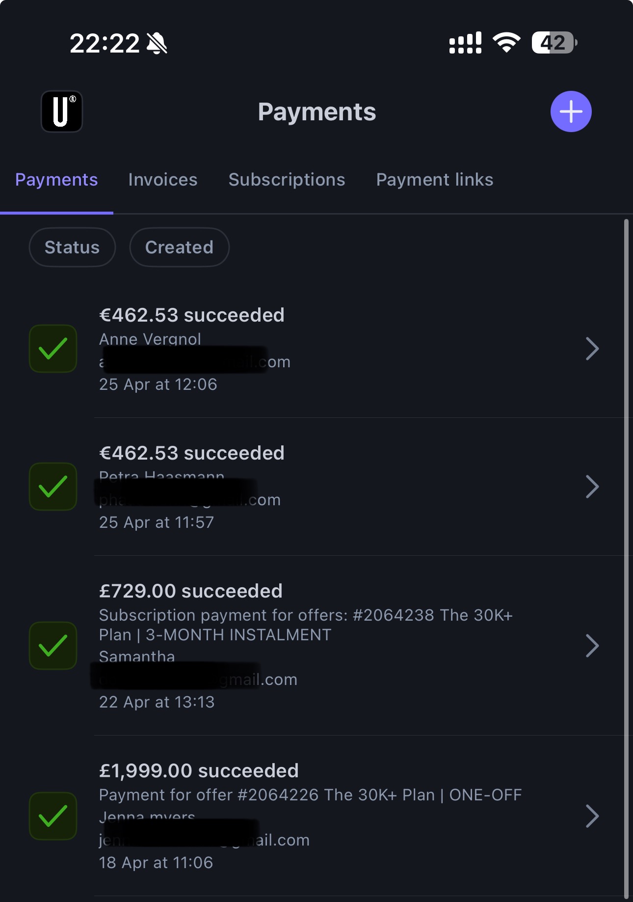 Screenshot of successful Stripe payments for the 30K+ Plan™ and upsells, showing multiple transactions including €462.53, £729, and £1,999 from recent clients.
