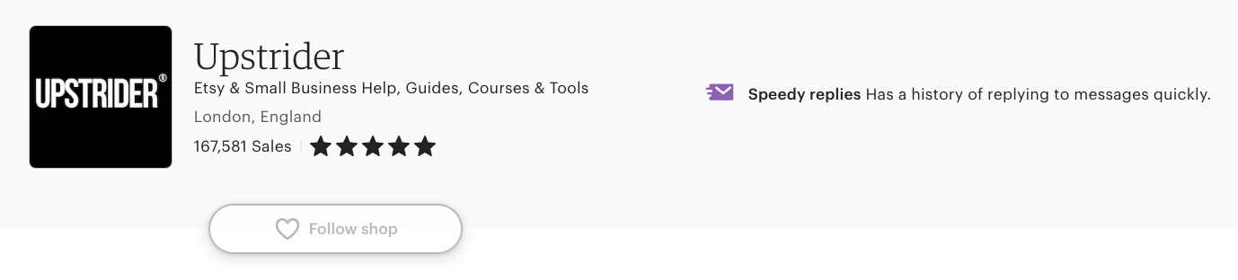 Upstrider’s Etsy shop profile showing 167,581 sales, 5-star reviews, and a banner highlighting Etsy and Small Business Help, Guides, Courses & Tools from London.