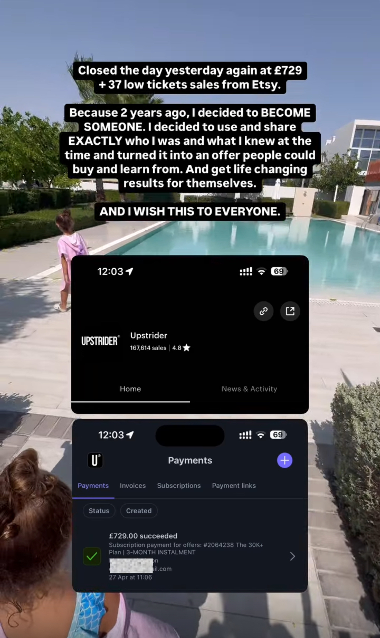 Young girl walking by a poolside in Dubai, with text overlay highlighting a £729 high-ticket sale and 37 Etsy sales from the day before, celebrating the journey from waitress to digital entrepreneur