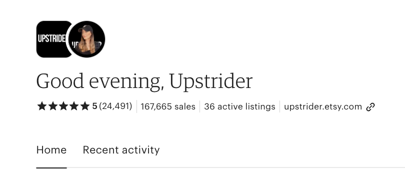 Screenshot of the Upstrider Etsy shop dashboard showing over 167,600 sales and 24,000+ 5-star reviews.