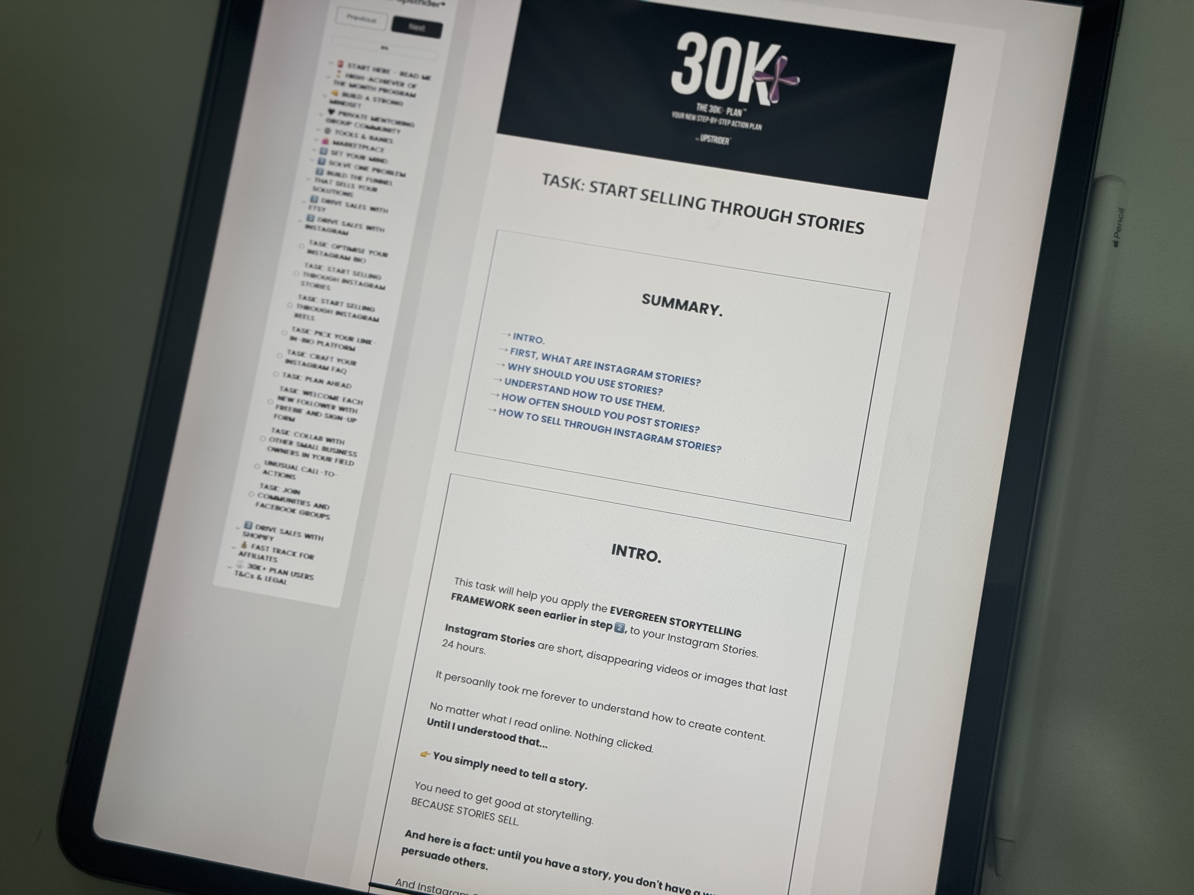Tablet screen displaying the 30K+ Plan™ training module titled ‘Start Selling Through Stories,’ part of the step-by-step content in the program.