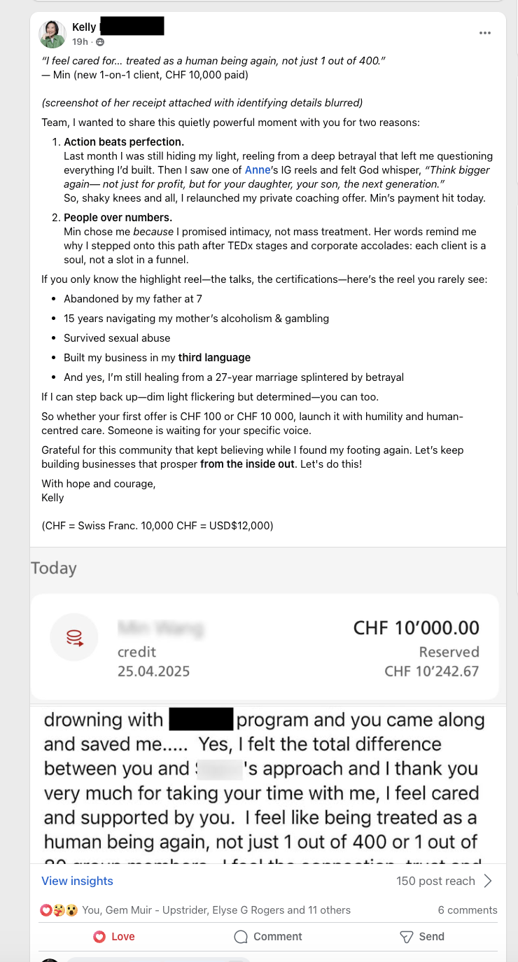 Facebook post from a coach named Kelly sharing a CHF 10,000 payment and how Anne’s Upstrider content helped her launch again after personal struggles.