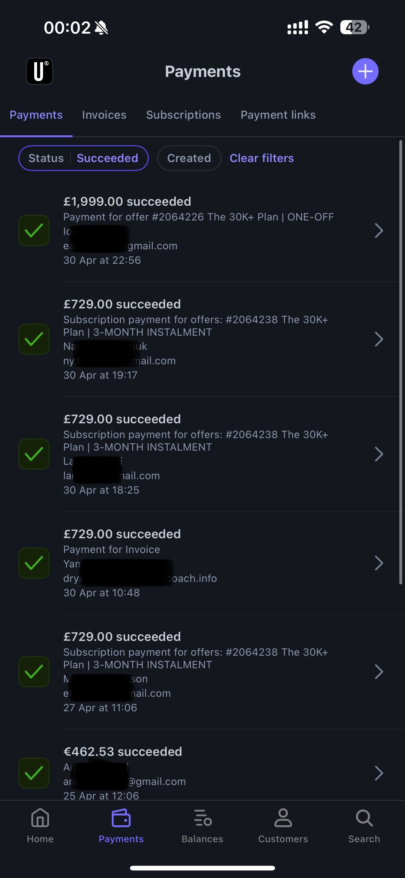 Screenshot of successful high-ticket payments on Systeme.io for The 30K+ Plan, showing multiple £729 and £1999 transactions.
