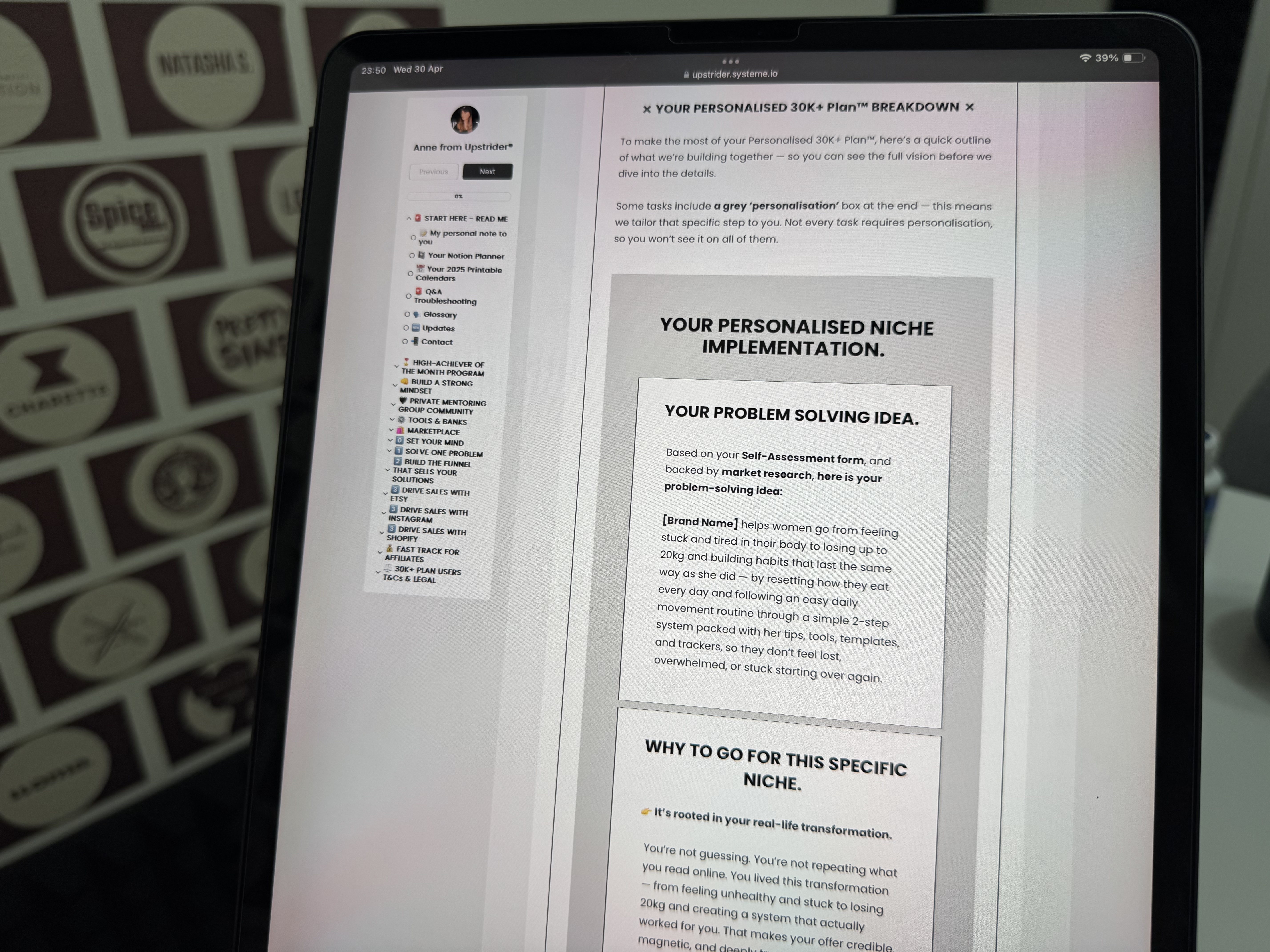 Close-up of the Personalised 30K+ Plan™ in Notion, showing a section called ‘Your Personalised Niche Implementation’ with niche transformation copy.