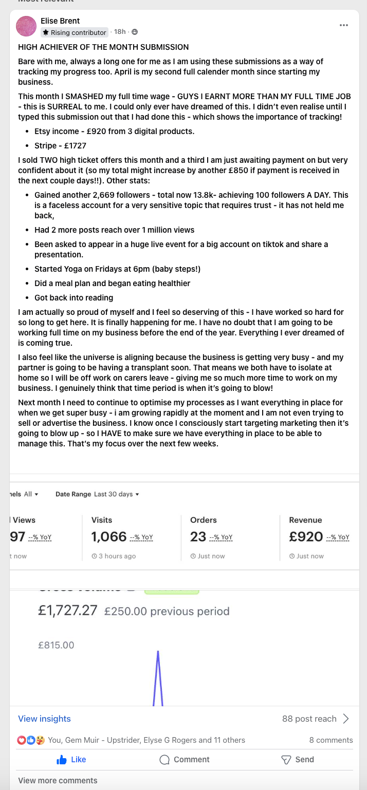 Facebook post by Elise Brent sharing her success after implementing the 30K+ Plan™, showing her revenue stats and milestones.