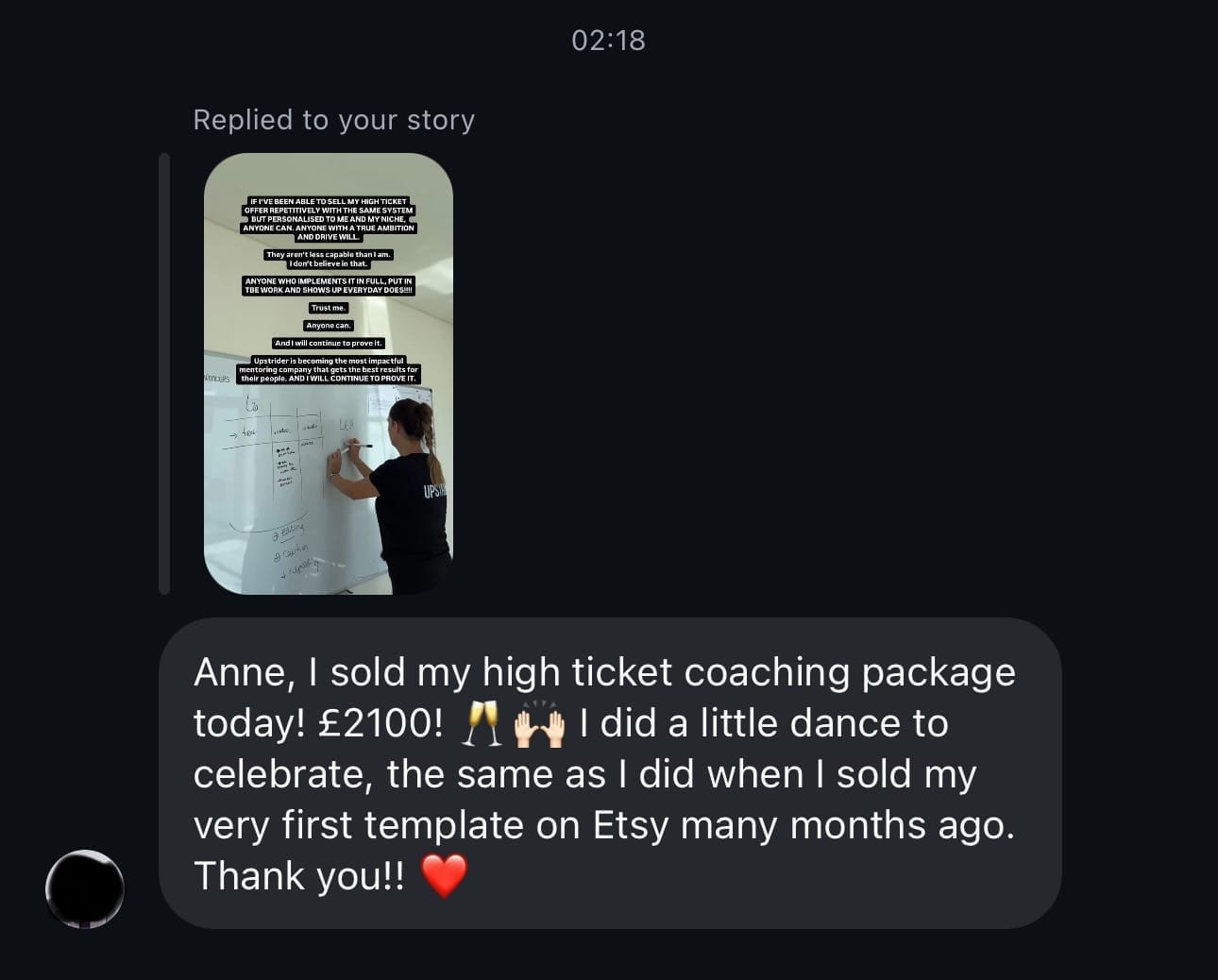Instagram DM message from a member to Anne celebrating a £2100 high ticket sale, thanking Upstrider for the transformation.