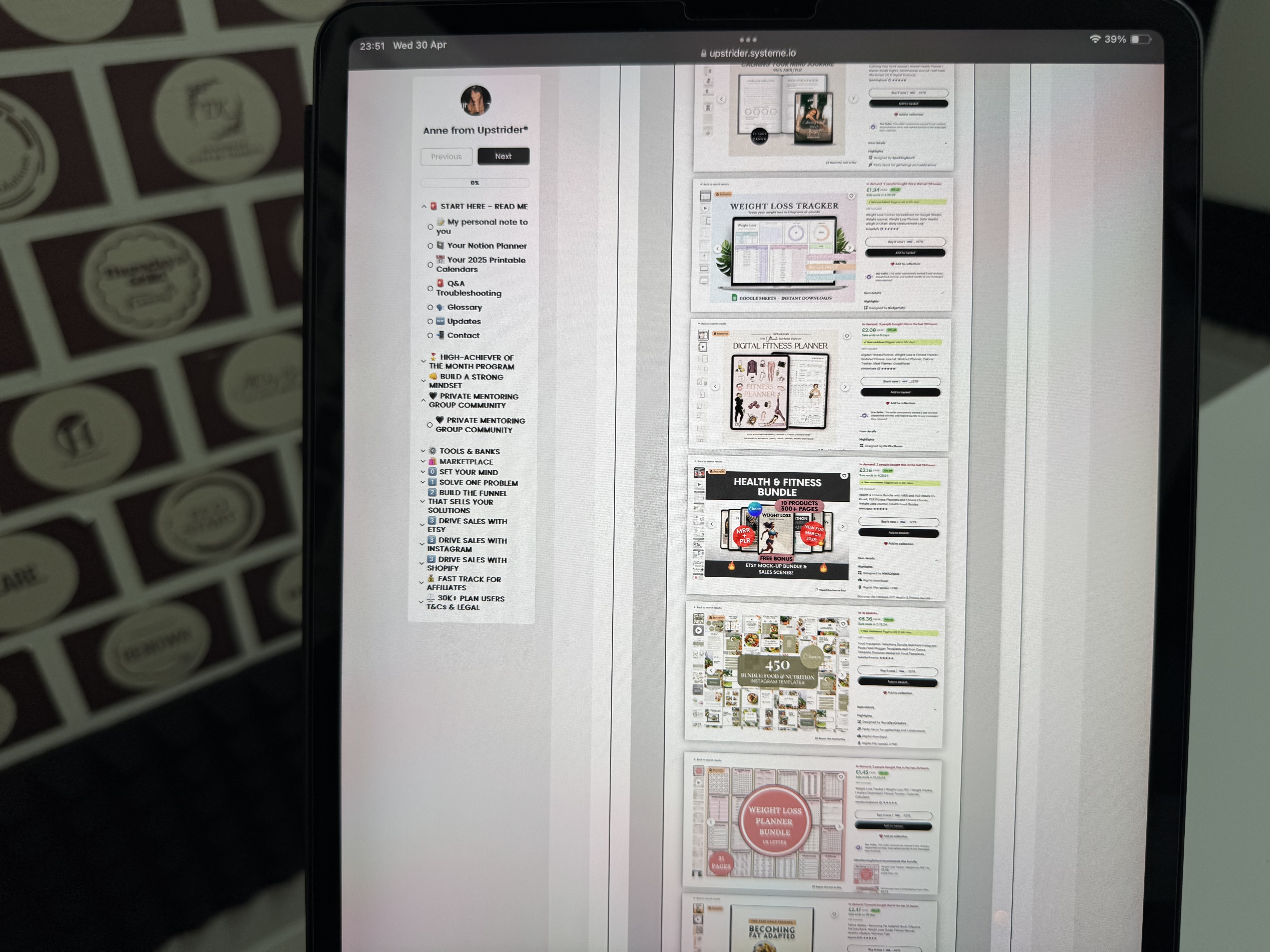 Digital Product Library inside the 30K+ Plan™ showing templates and planners listed in Notion workspace.