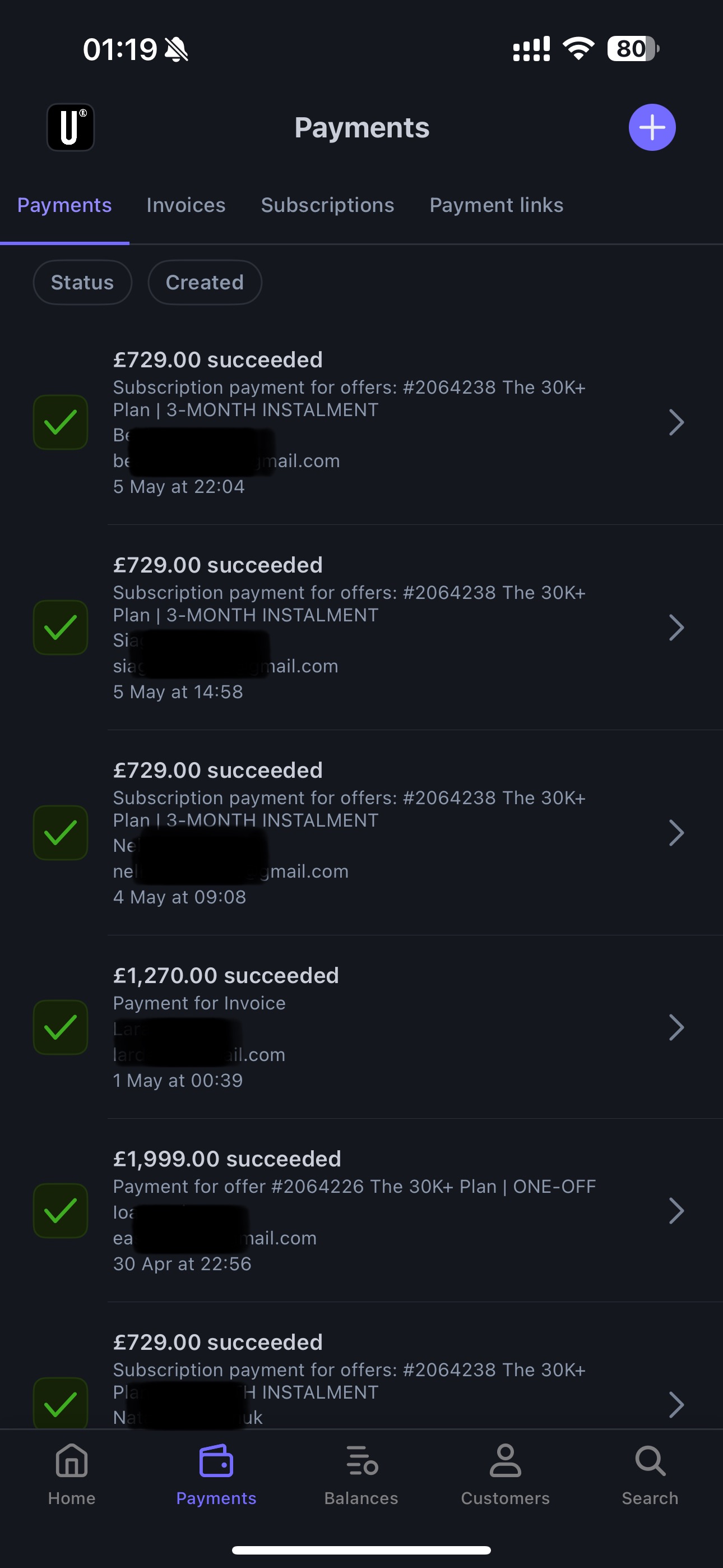 Screenshot showing multiple successful payments for The 30K+ Plan via Systeme.io, with transactions ranging from £729 to £1,999 in early May.