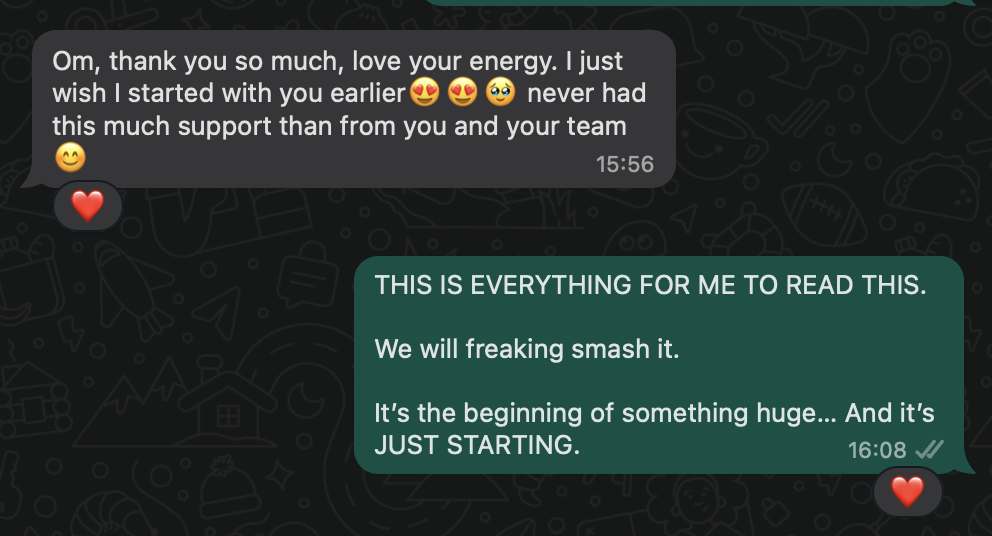 Supportive WhatsApp exchange between Beate and the Upstrider team, showing appreciation for the guidance and excitement for the future after the first sale.