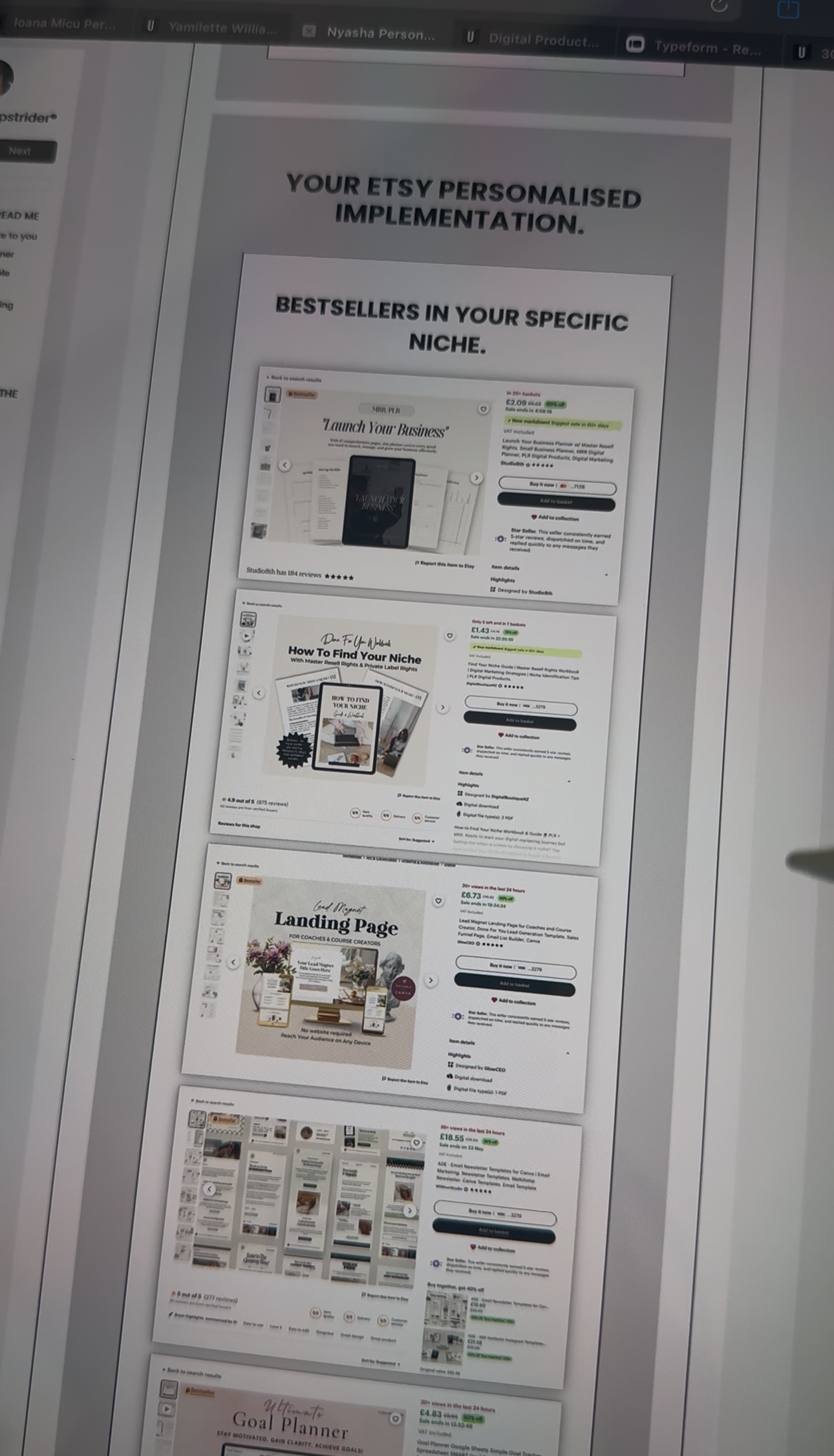 Upstrider plan showing a personalised Etsy implementation system with bestselling digital product examples.