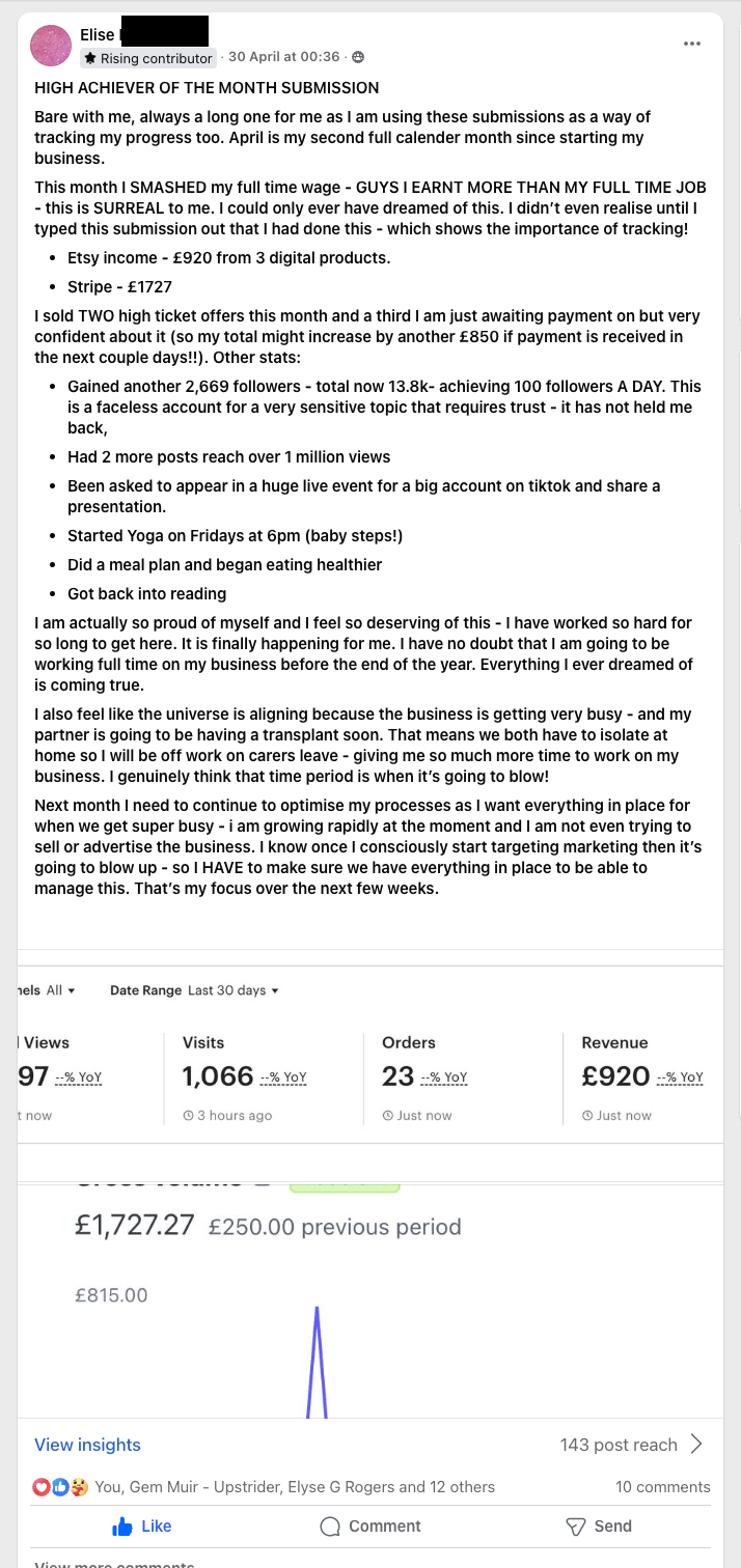 Elise sharing her success story in a Facebook post after implementing the Upstrider 30K+ Plan, earning more than her full-time job.