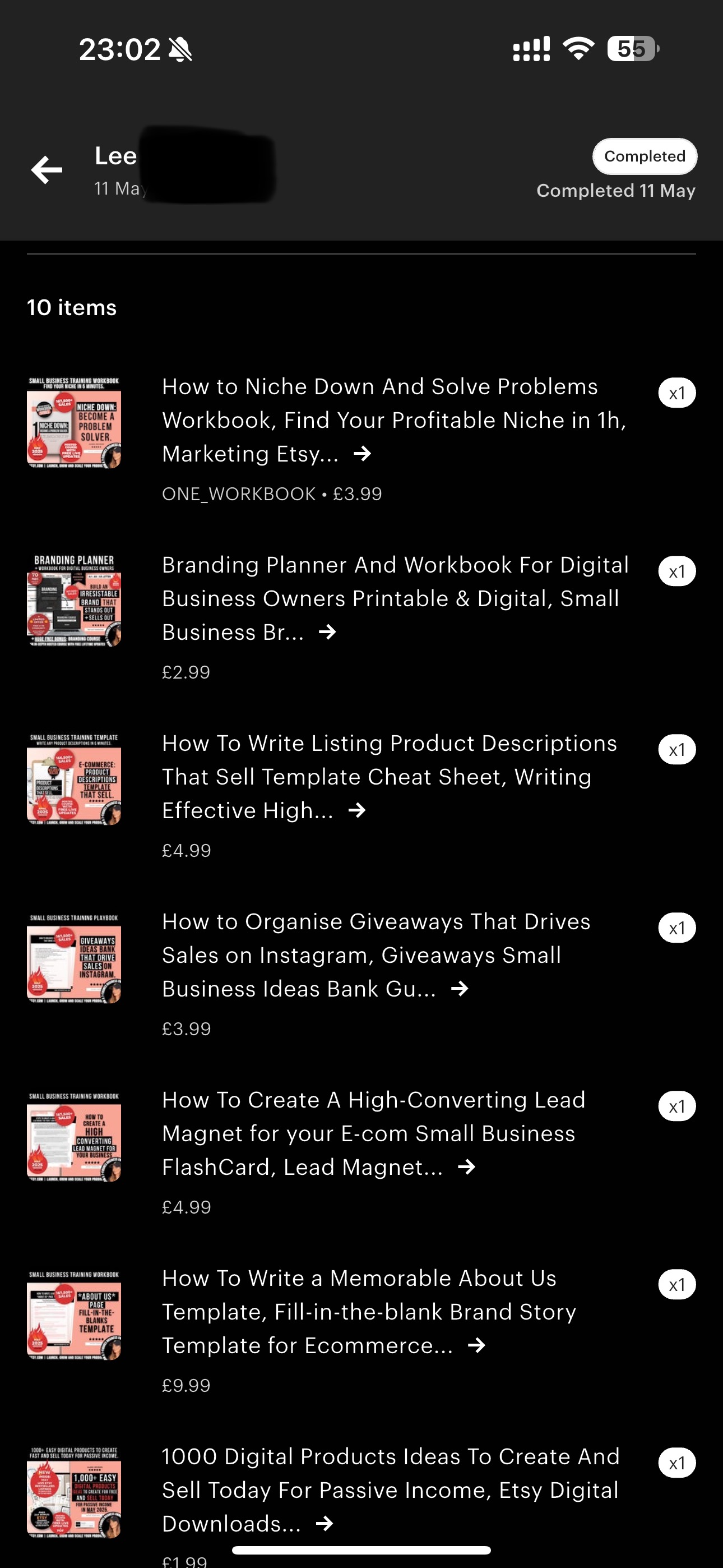 Customer order summary showing multiple digital marketing workbooks purchased from the Upstrider Etsy store.