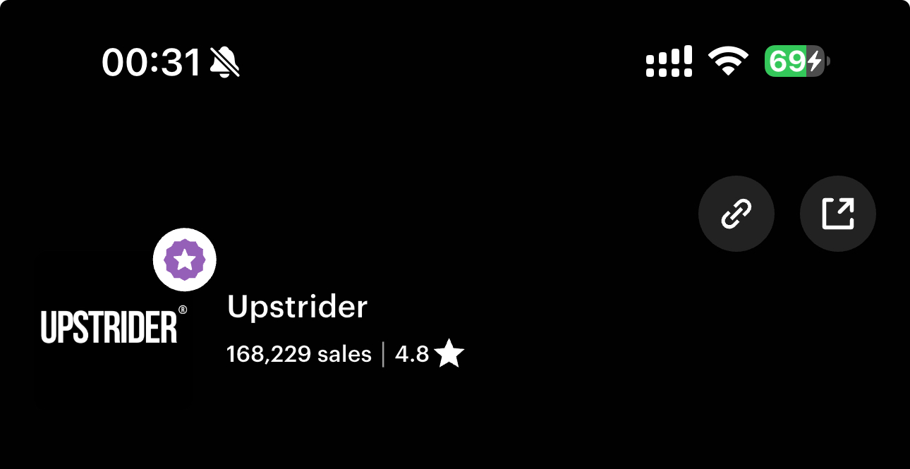 Upstrider Etsy store showing 168,229 sales and a 4.8-star rating.