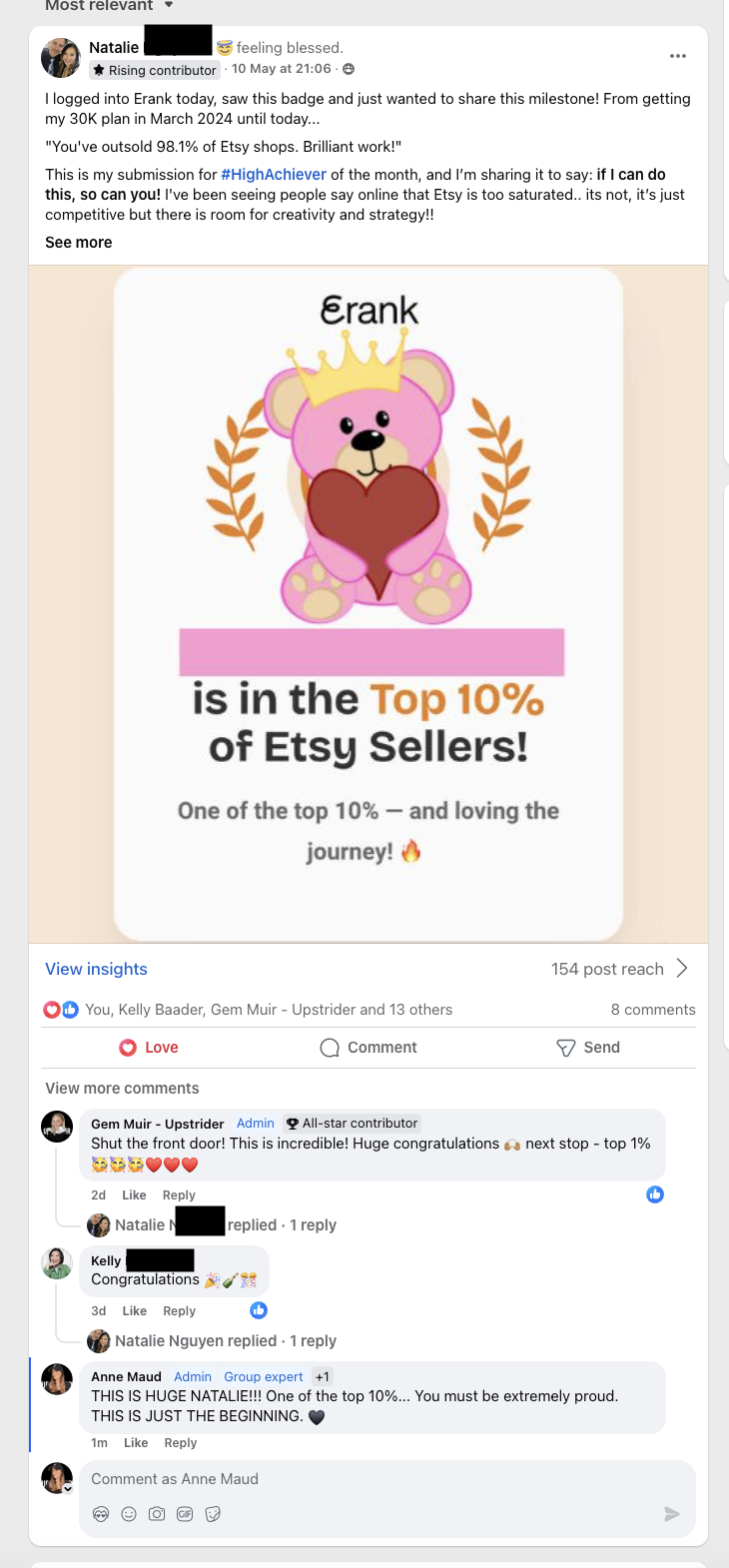 Natalie’s badge for being in the top 10% of Etsy sellers, shared after joining the 30K+ Plan™