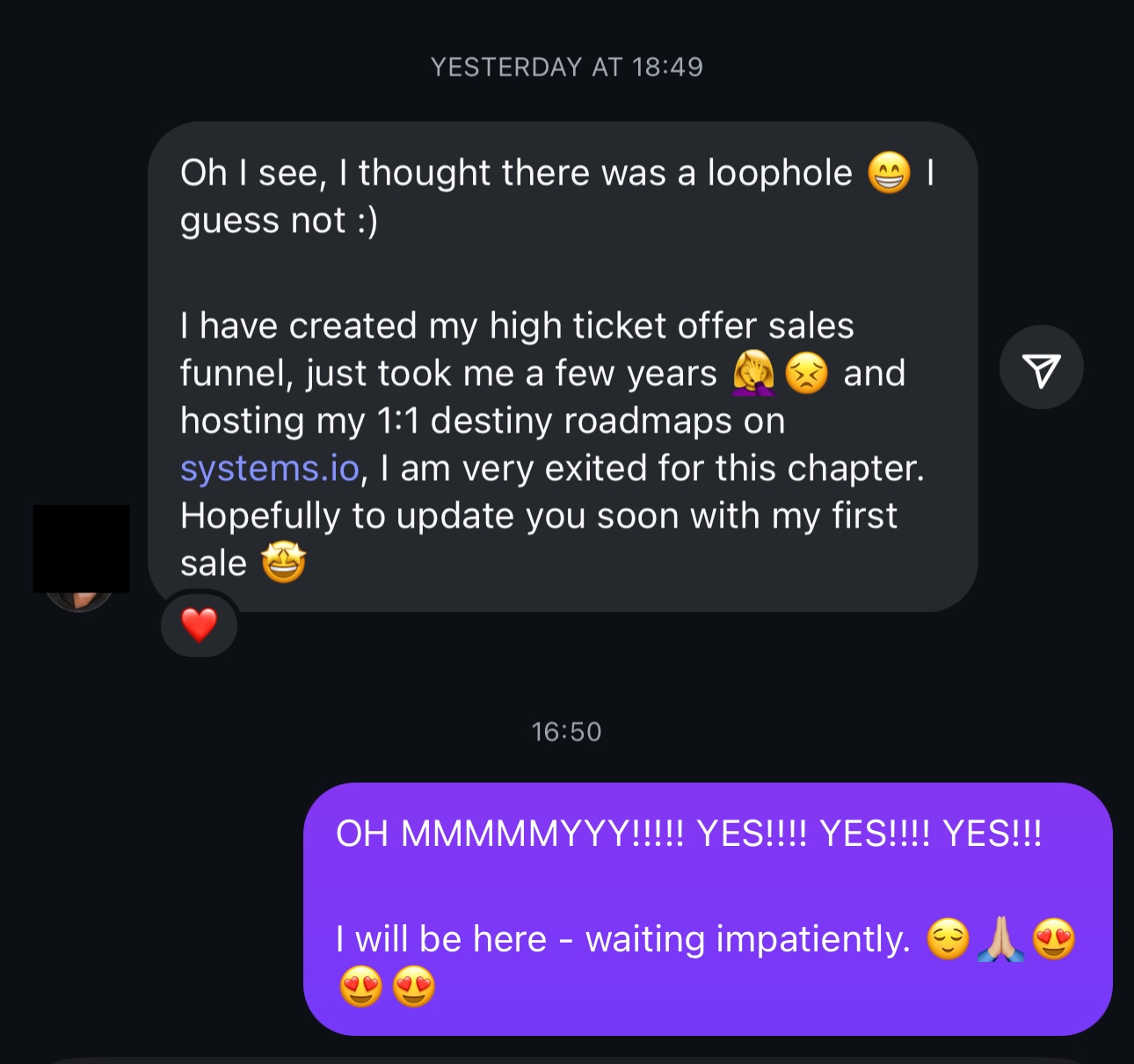 Member celebrating launching her high-ticket offer funnel using Systeme.io