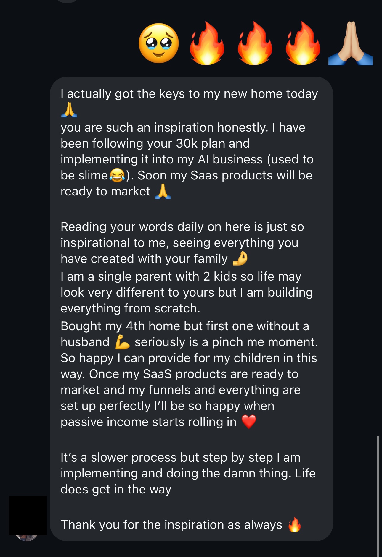 Message from a single mum of two sharing how she bought her 4th home while following the 30K+ Plan™