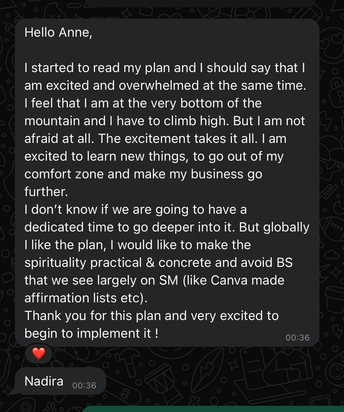 WhatsApp message from customer Nadira expressing excitement and determination to implement her personalised 30K+ Plan™.