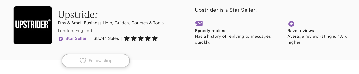 Screenshot of the Upstrider Etsy shop showing the Star Seller badge and over 168,000 sales with 5-star reviews.