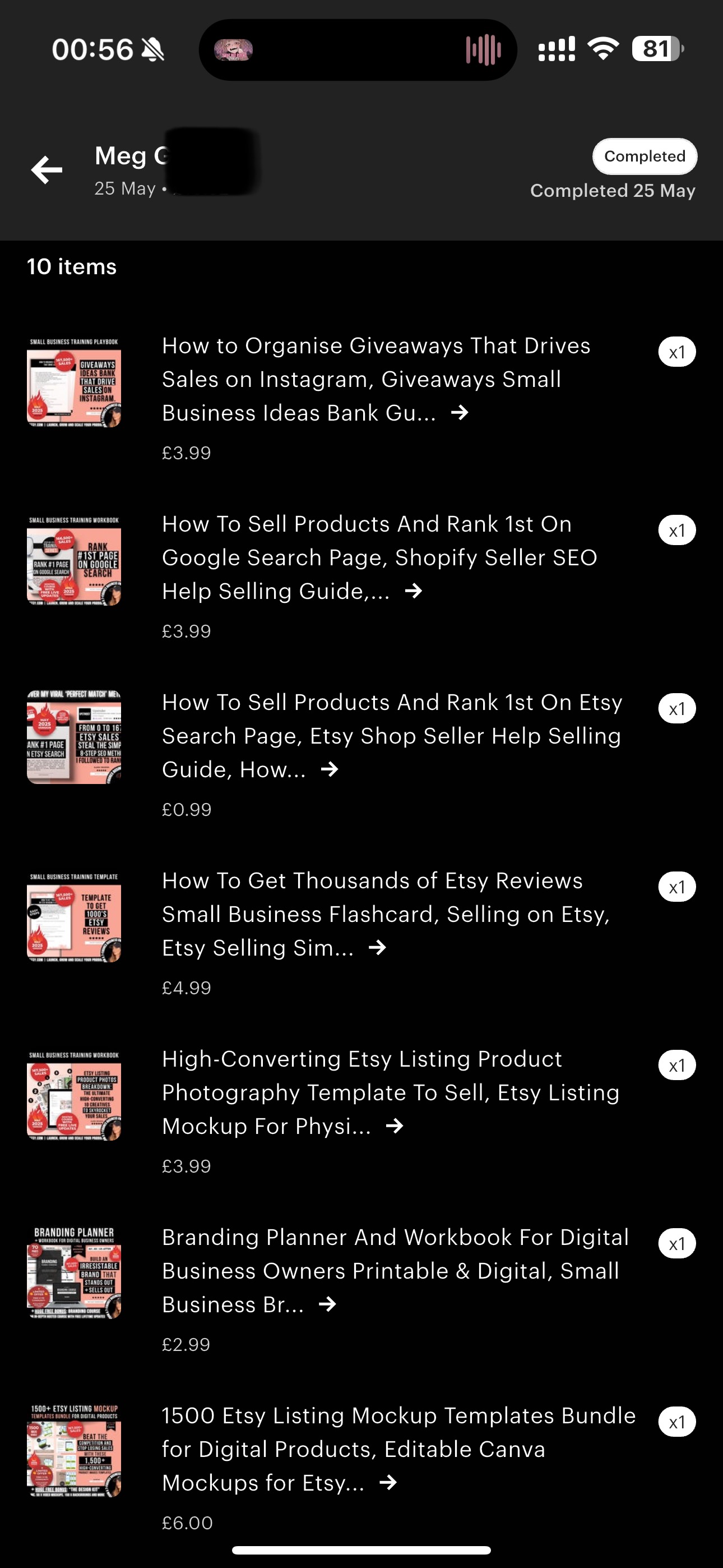 Screenshot of a customer order showing 10 small business digital product purchases on Etsy, including SEO and sales guides.