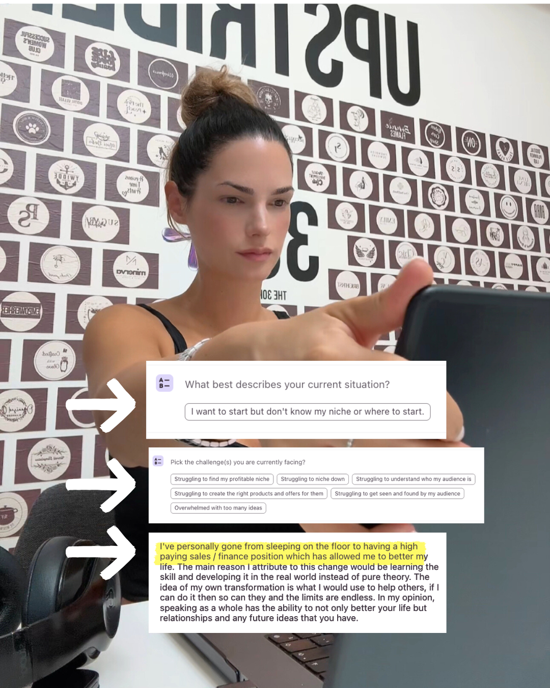 Screenshot of self-assessment answers describing struggles with niche and sales, plus highlighted transformation story about going from sleeping on the floor to high-paying job.