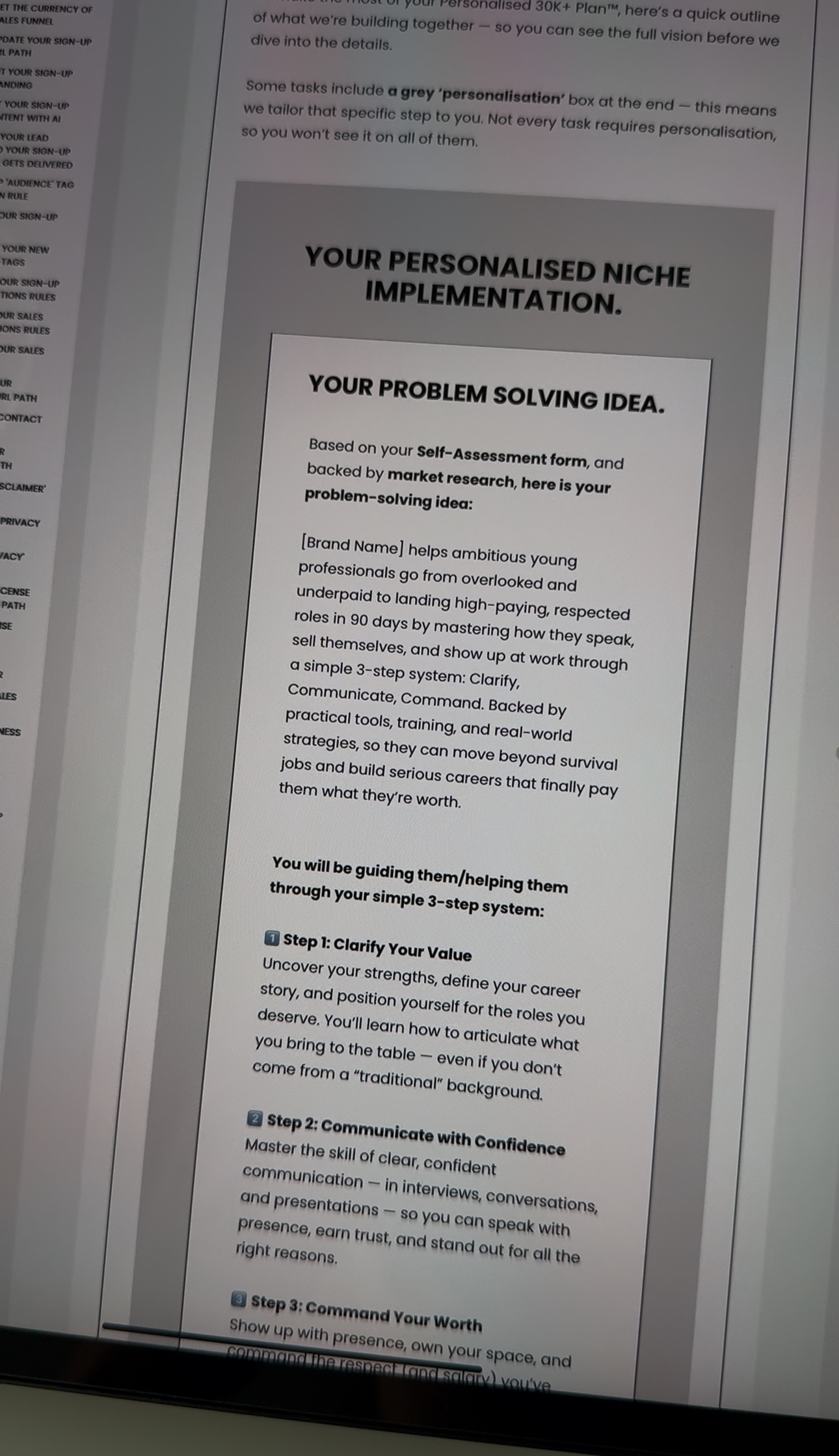 iPad screen displaying personalised implementation strategy and sales dashboard from inside the 30K+ Plan™ course.