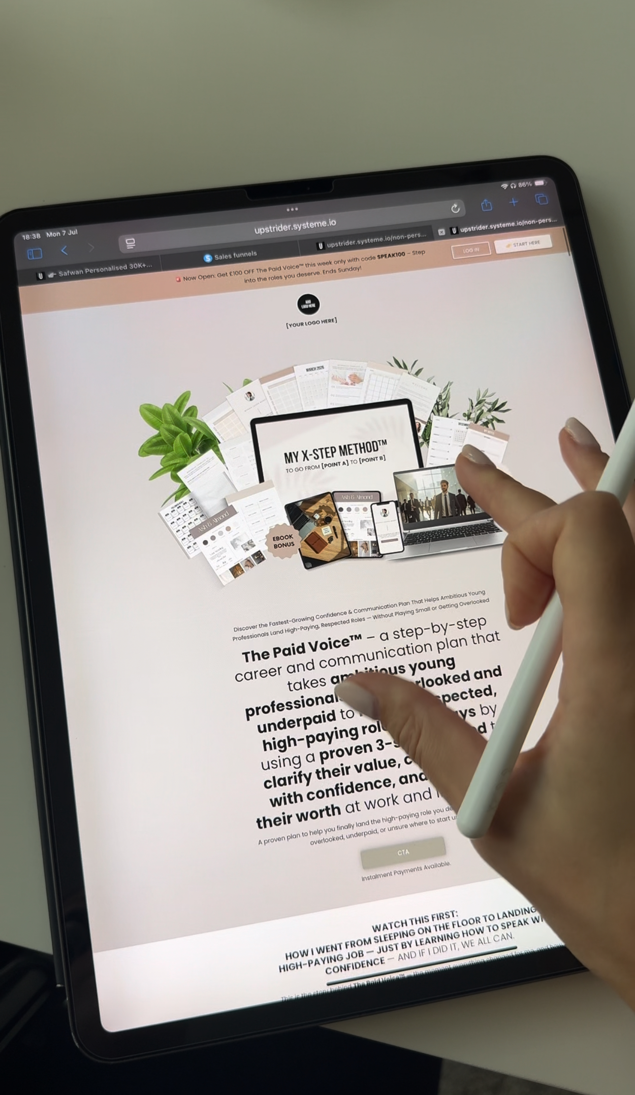 iPad screen displaying The Paid Voice™ sales page featuring step-by-step career and communication plan visuals.