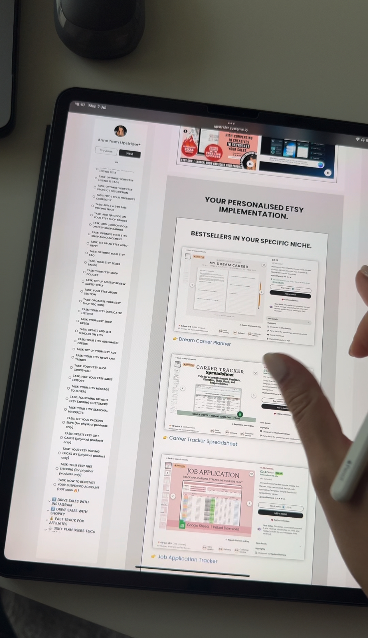 Tablet screen displaying Safwan’s personalised Etsy product listings: Dream Career Planner, Career Tracker Spreadsheet, and Job Application Tracker.