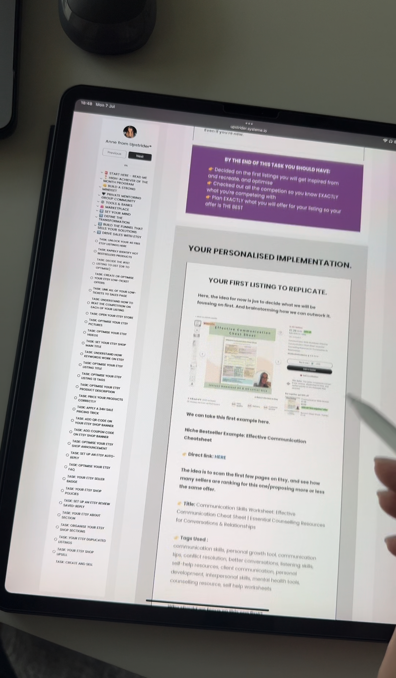 Personalised Upstrider training module showing recommended digital product listing to replicate: Effective Communication Cheatsheet.