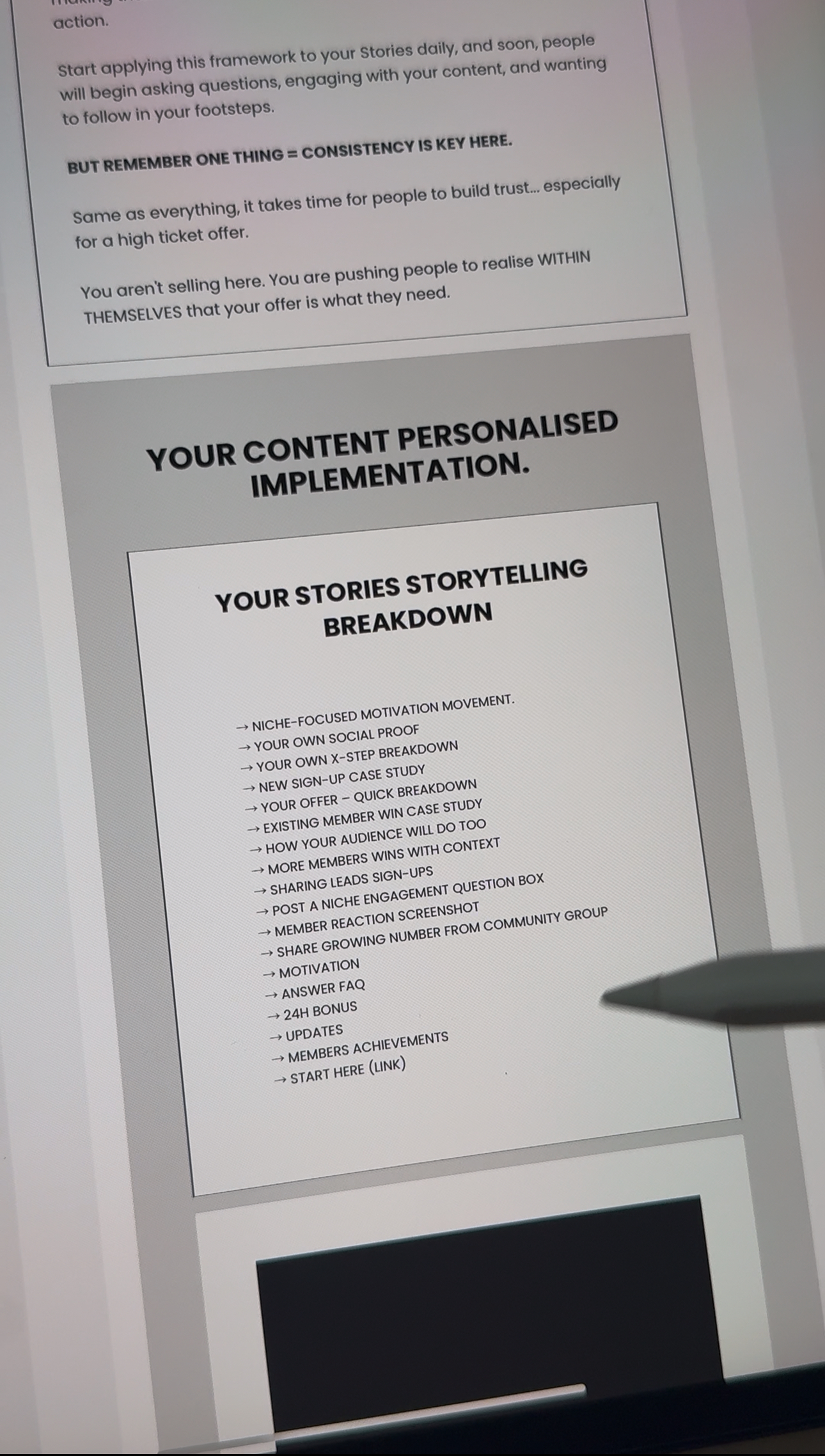 iPad screen displaying personalised implementation strategy and sales dashboard from inside the 30K+ Plan™ course.