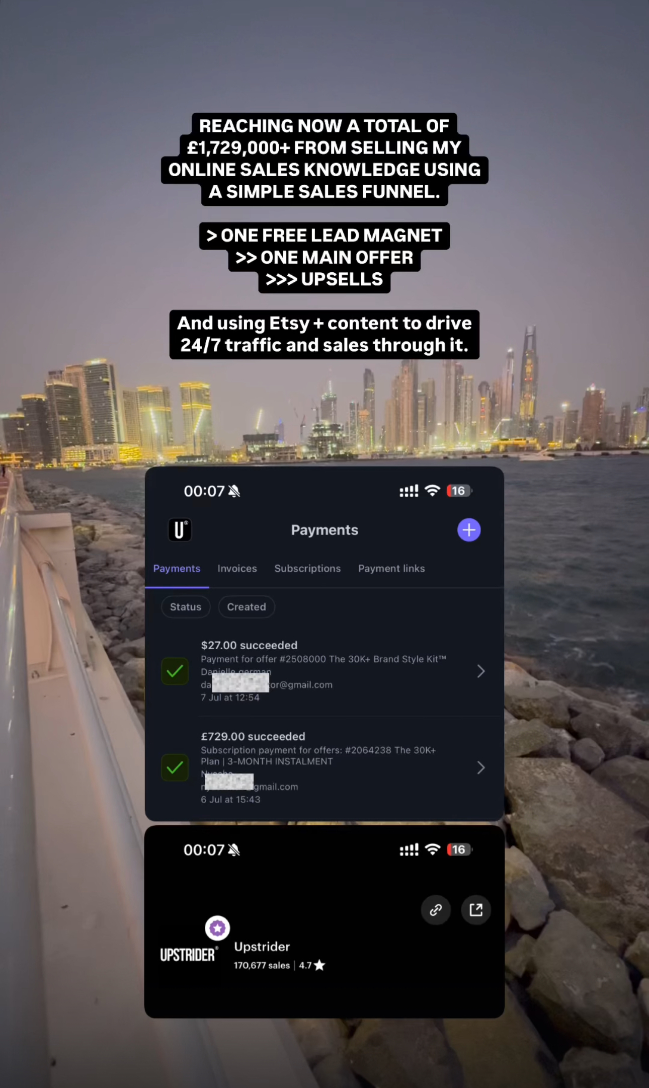 Dashboard showing payment success from digital product sales and milestone of £1,729,000+ earned, with Dubai Marina skyline in the background.