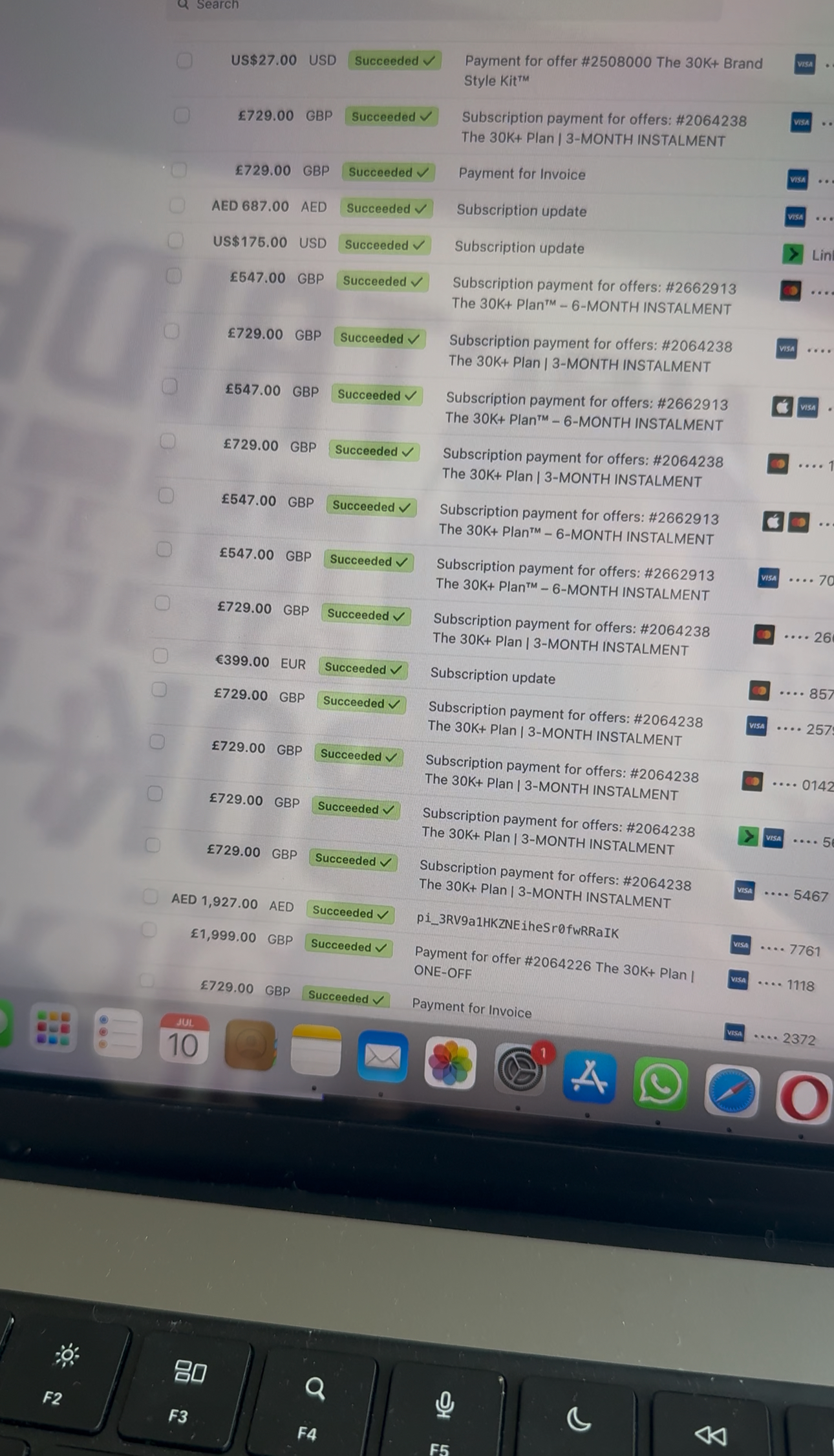 Upstrider Stripe dashboard showing multiple successful payments for the 30K+ Plan.