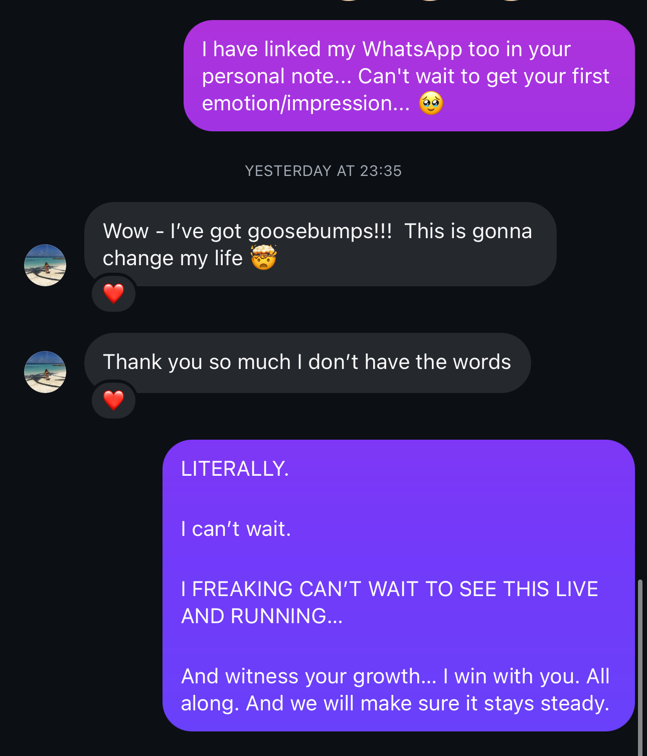 Screenshot of Danielle’s messages reacting emotionally to receiving her personalised plan.