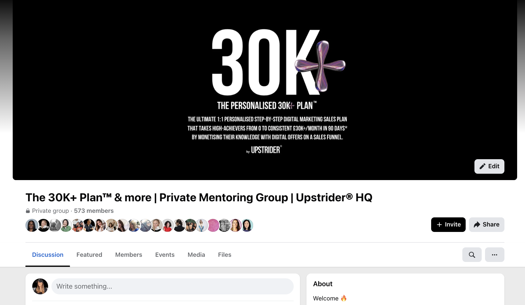 Upstrider's private Facebook group banner for The 30K+ Plan™ with 573 members.