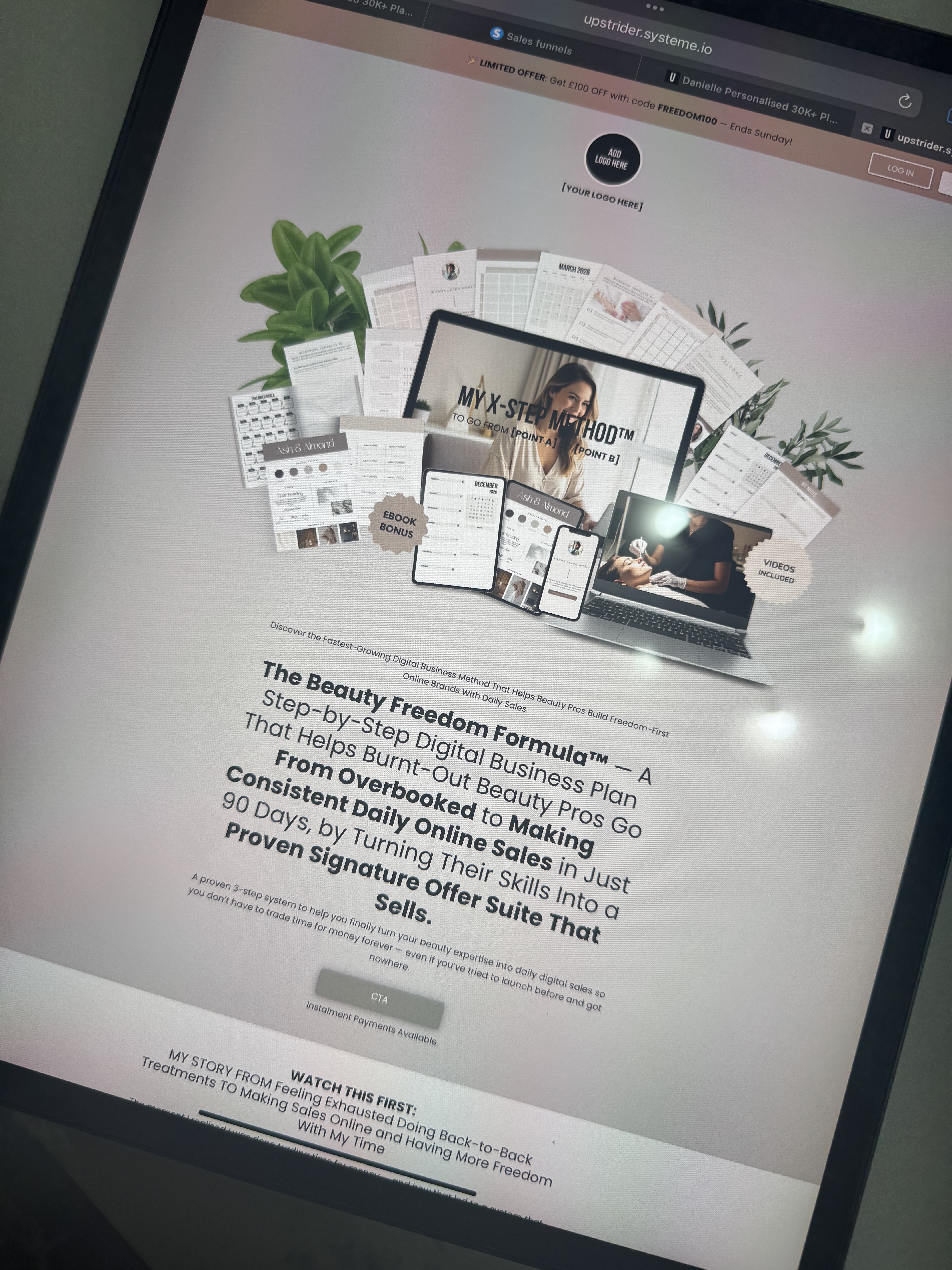 Danielle’s Beauty Freedom Formula™ sales page with lead magnet visuals and ebooks on a tablet.