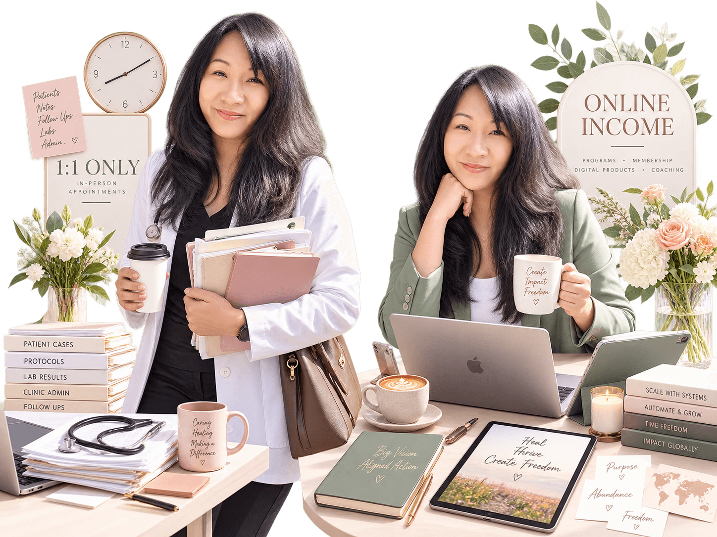 Ileana before and after moving from practitioner work to online income