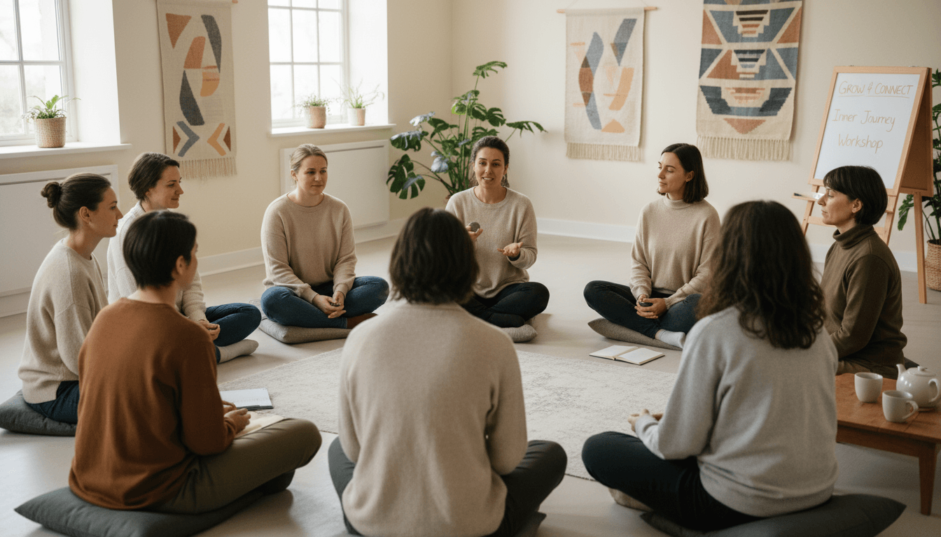 Atelier collectif en petit groupe échangeant assis dans une salle lumineuse