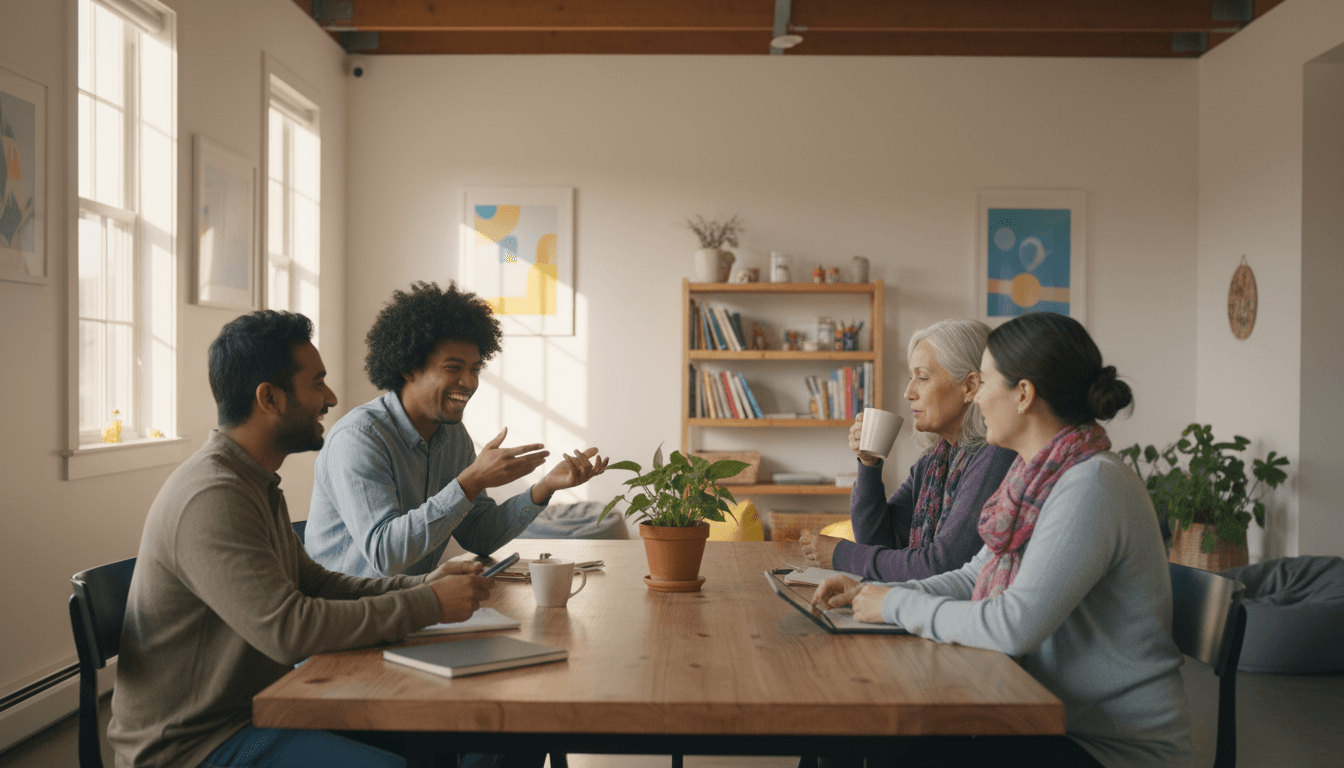 Groupe en discussion autour d’une table – rencontre institutionnelle