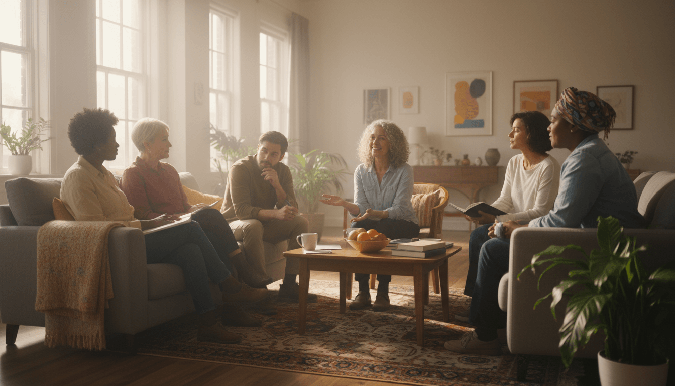 Groupe de personnes échangeant dans un salon lors d’un atelier bienveillant