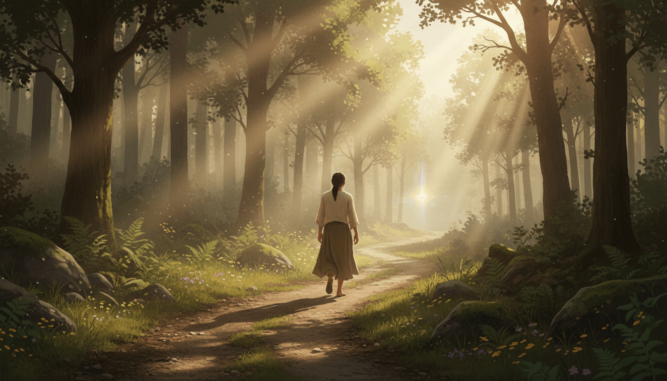 Personne marchant dans une forêt, métaphore du chemin intérieur et de la guérison émotionnelle.