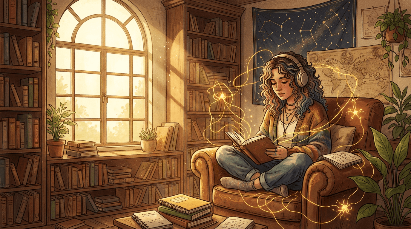 Personne lisant calmement dans une bibliothèque, symbolisant l’héritage intérieur, l’apprentissage et un chemin de vie bienveillant
