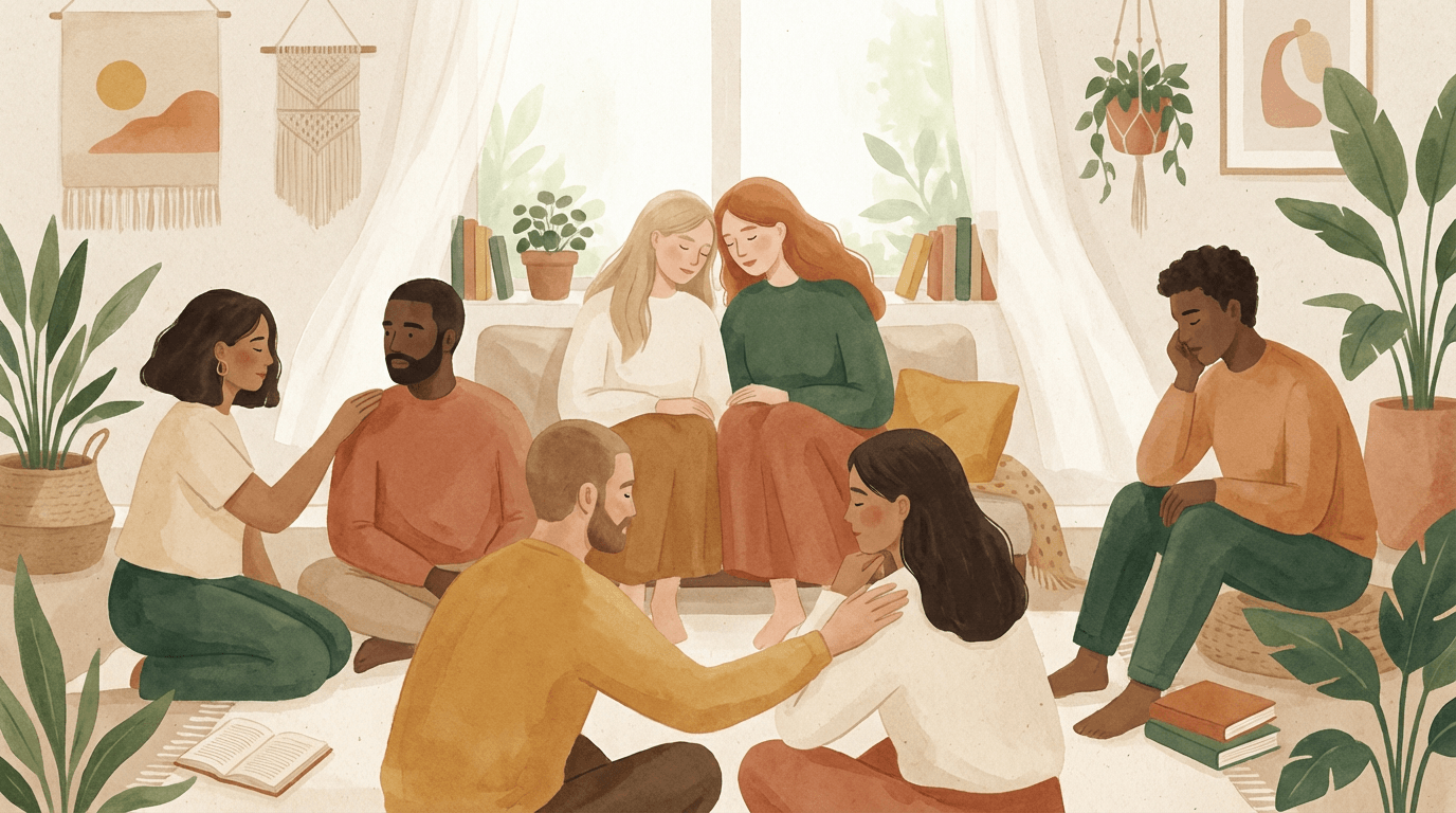 Groupe de personnes échangeant dans un espace chaleureux, symbolisant l’intelligence sensible, l’écoute et des liens authentiques