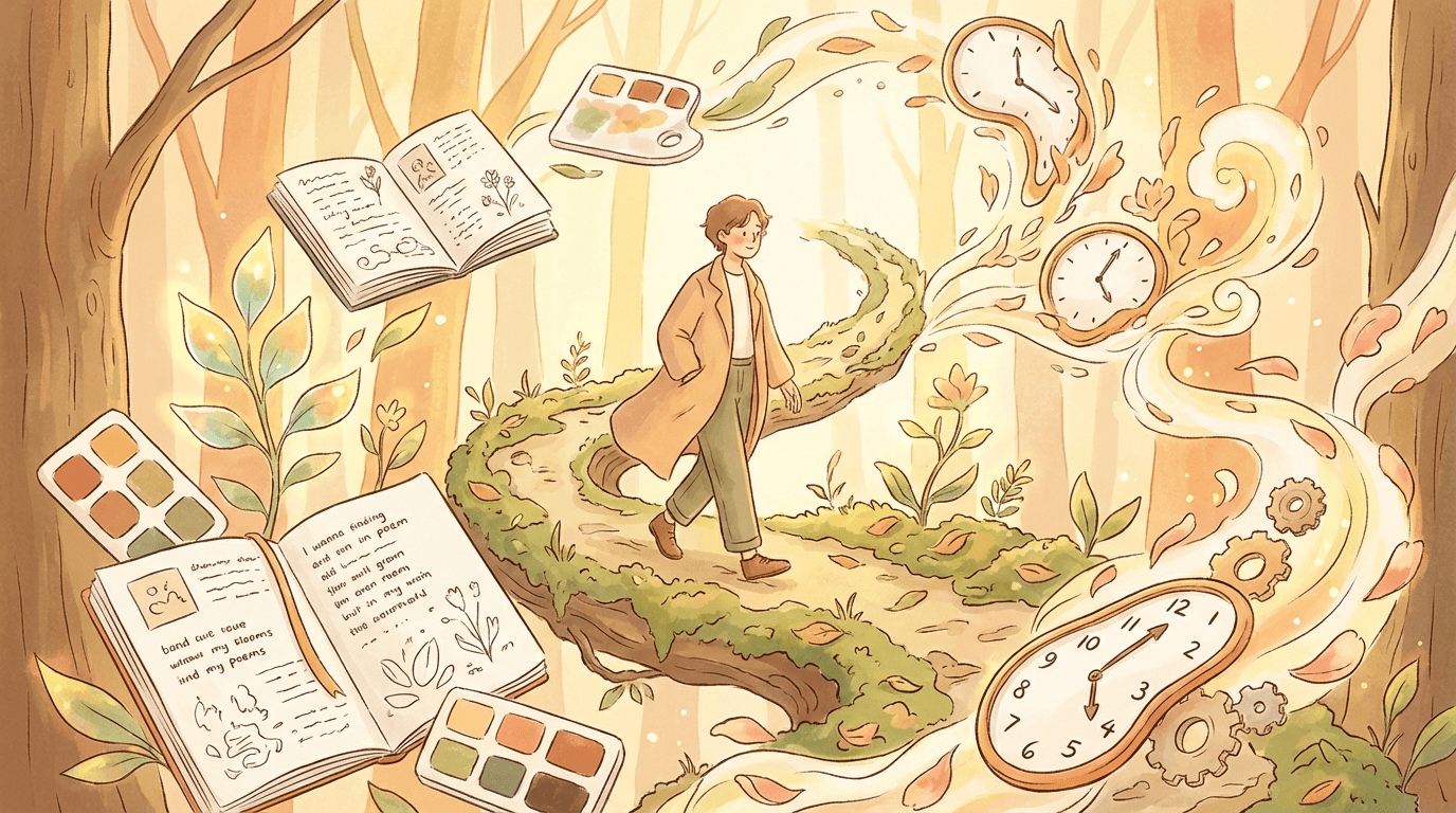 Personne avançant sur un chemin symbolique entouré de livres et de temps, représentant la réécriture de son histoire intérieure
