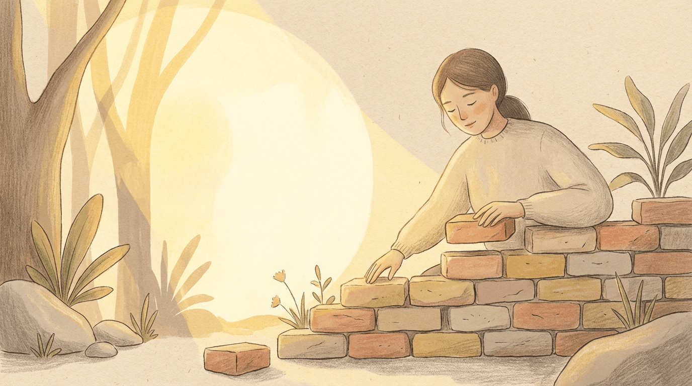 Personne construisant un mur de briques avec calme, symbolisant une maîtrise intérieure progressive et respectueuse du rythme