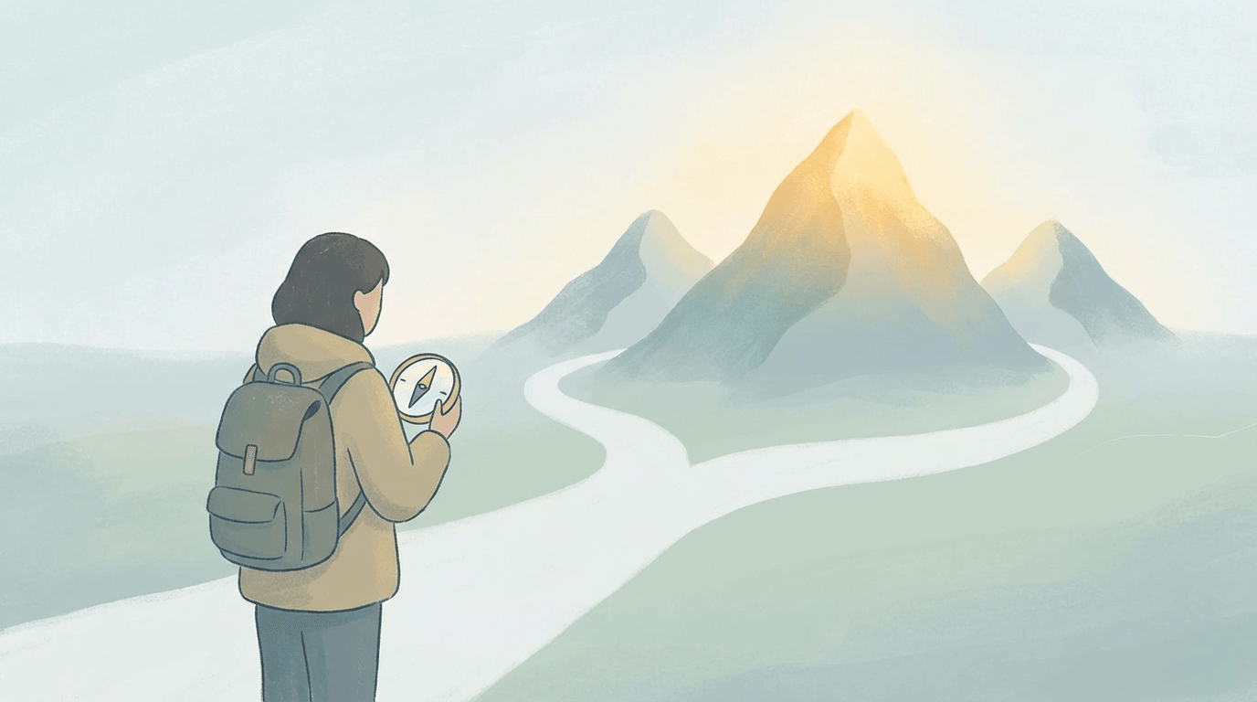 Personne observant un chemin de montagne, symbolisant le choix de priorités alignées avec son cœur plutôt qu’avec la pression