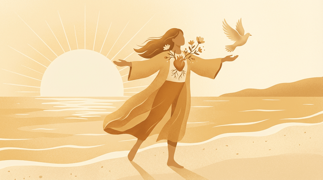 Personne marchant au bord de la mer au lever du soleil, symbolisant la gentillesse, la liberté intérieure et une vie pleine de sens