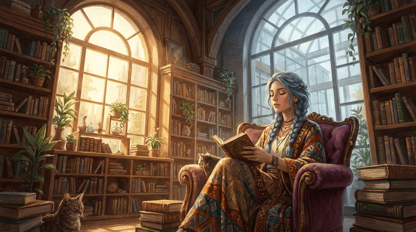 Femme sensible lisant calmement dans une bibliothèque, symbole de réflexion intérieure et de blocages invisibles